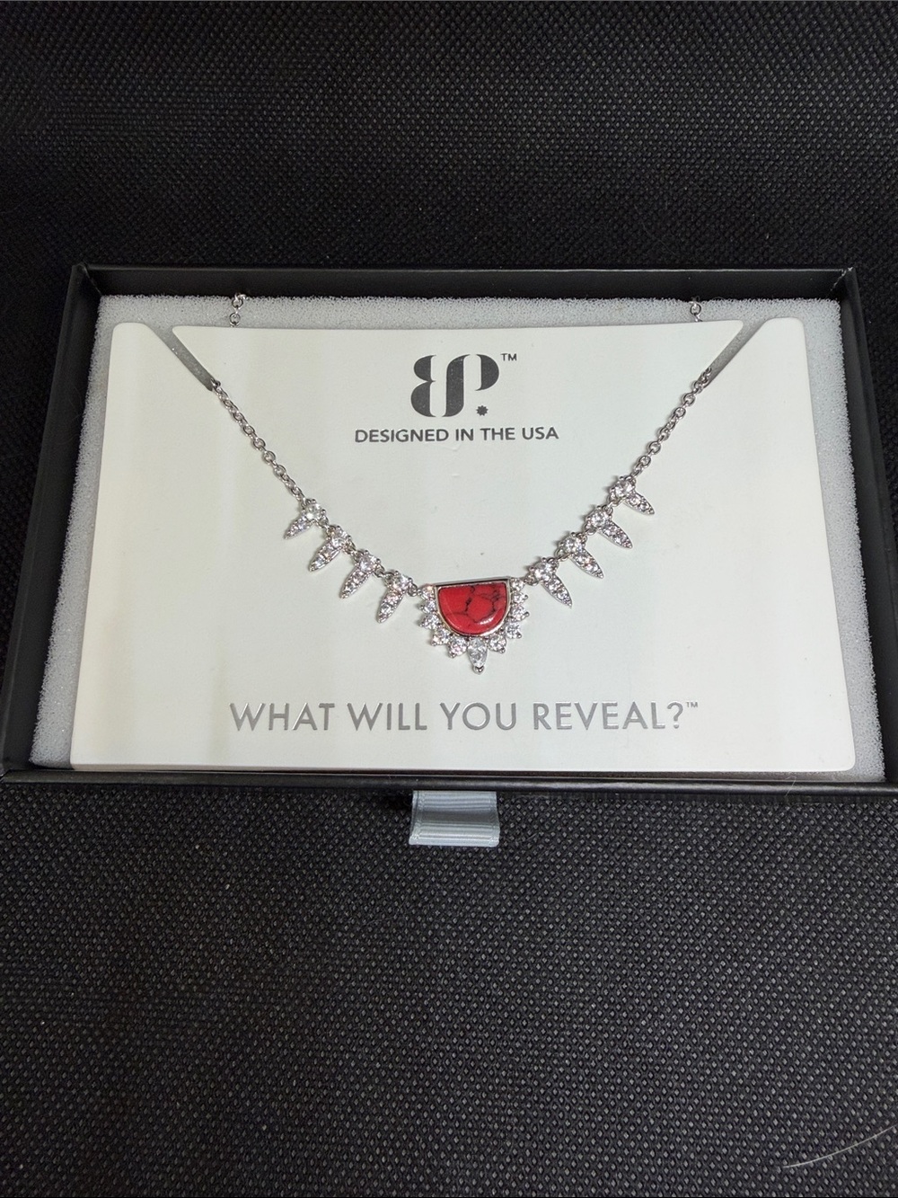 Red Coral Synthetic Magnesite on Rhodium
